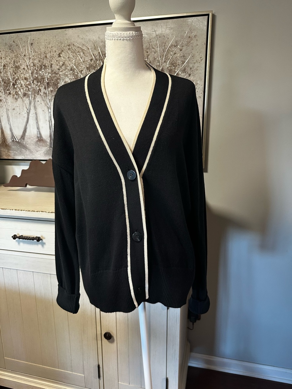 Ann Taylor Black V-Neck Cardigan with Cream Trim - Classic Women's Sweater